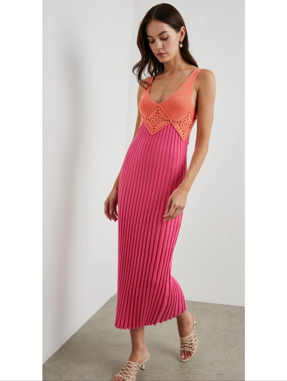 Rails Taryn Knit Crochet Bodycon Dress In Papaya Colorblock Pink Orange Small